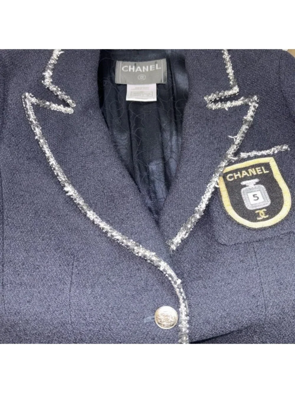 Chanel Tailored Jacket CC Logo Emblem 38 Navy Wool Cotton Spring Autumn